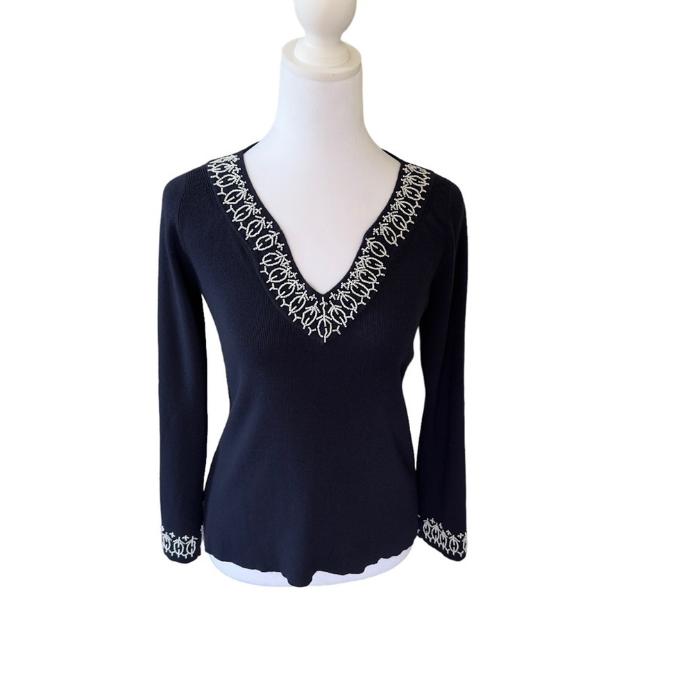 Ann Taylor Loft Petites, Size SP, Dark Blue with beading on neckline and sleeves
